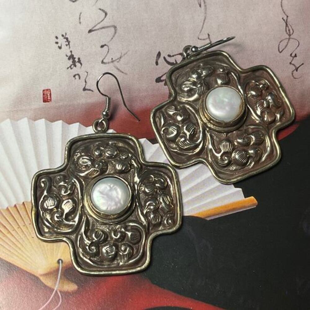 Vintage Huge Silver Floral Crosses and Natural Freshwater Pearl XL Earrings